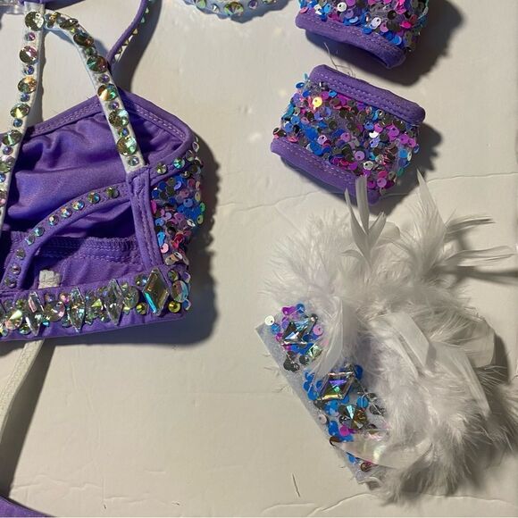 Glamour solo dance costume custom 2 piece lavender rhinestone feather sassy LC - Picture 6 of 15